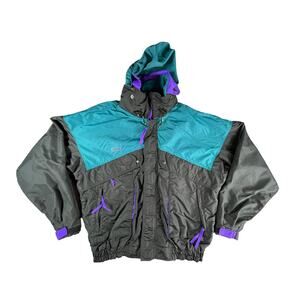 Columbia Jacket Radial Sleeve Mens Large Vintage 90s Black Teal Hood China Bowl